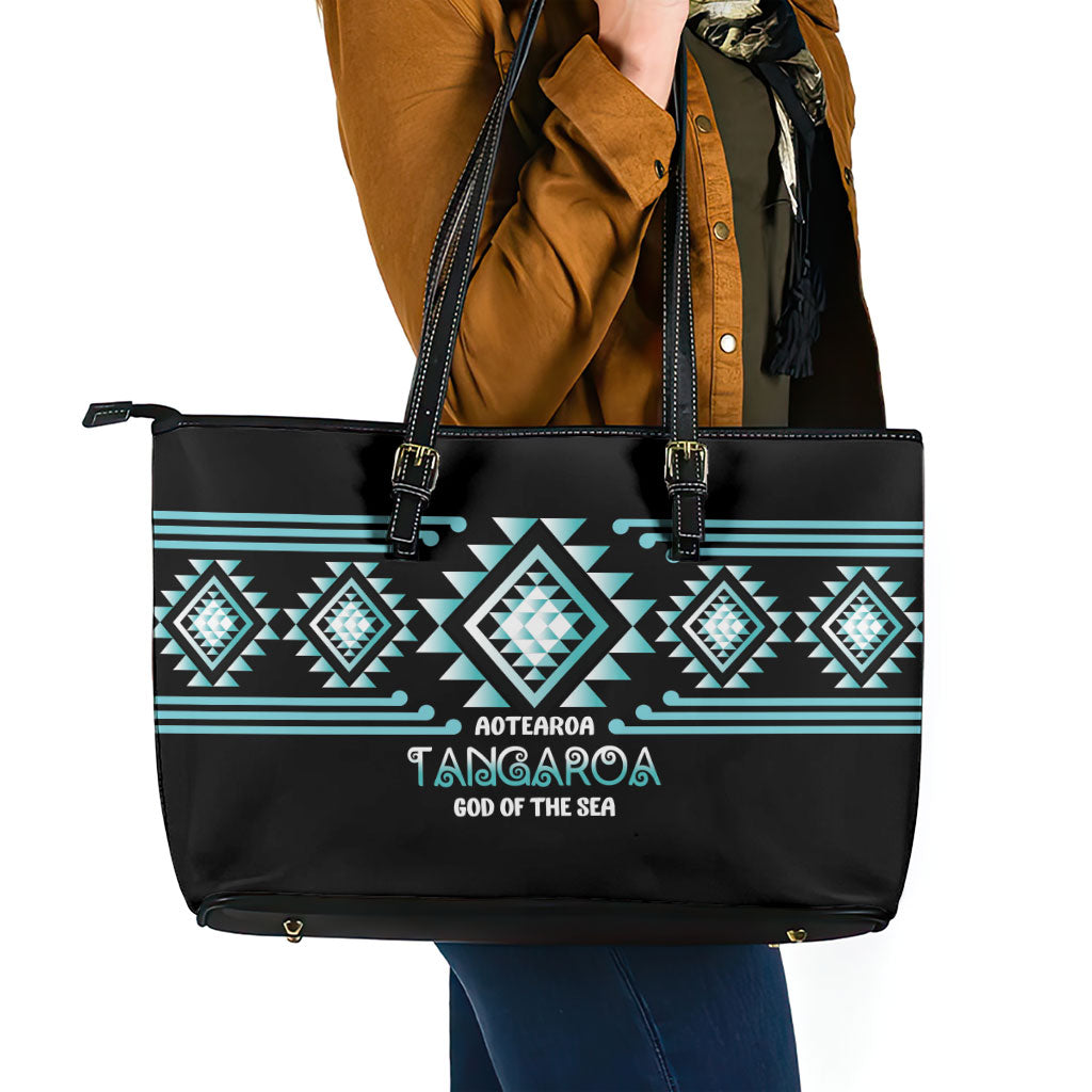 Aotearoa Atua Tangaroa Leather Tote Bag Maori God Of The Sea Taniko Motifs LT14 - Polynesian Pride