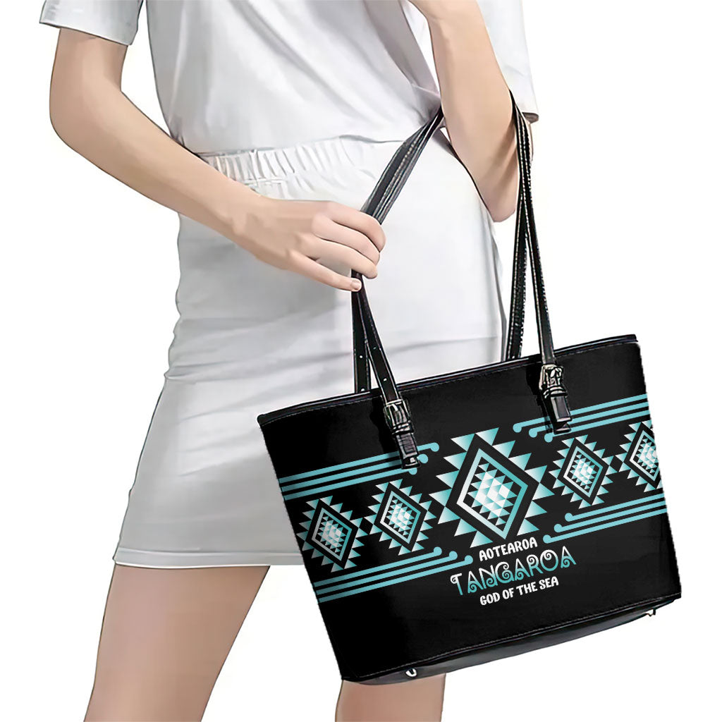 Aotearoa Atua Tangaroa Leather Tote Bag Maori God Of The Sea Taniko Motifs LT14 - Polynesian Pride