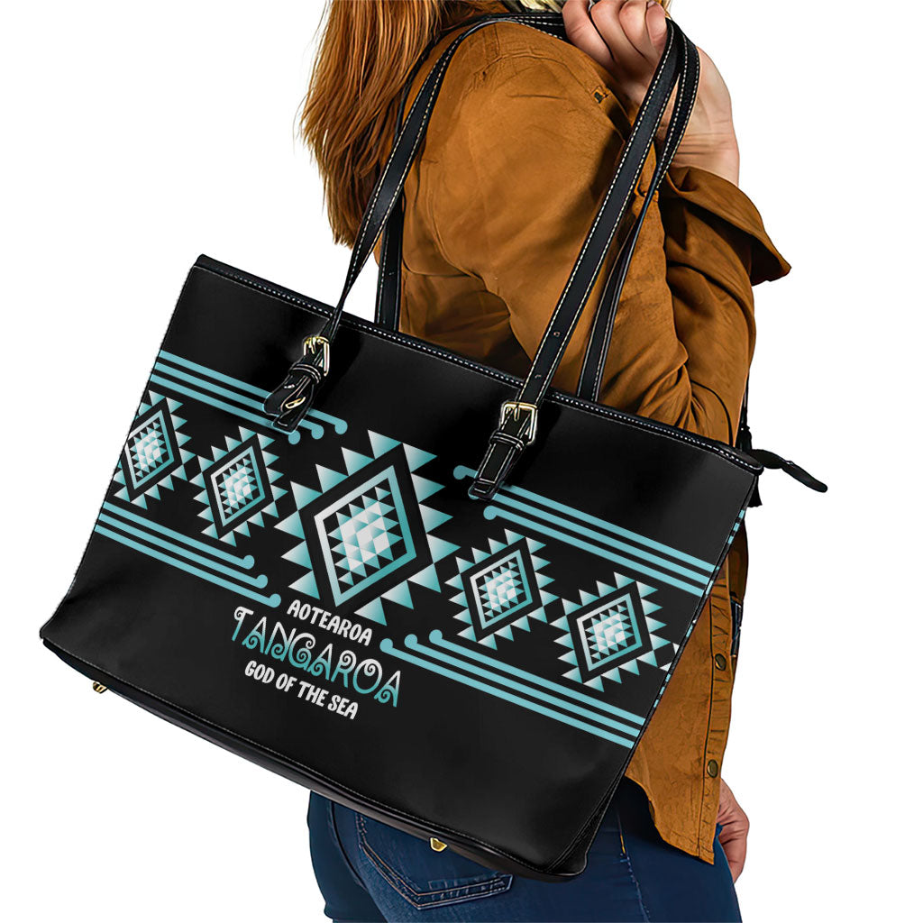 Aotearoa Atua Tangaroa Leather Tote Bag Maori God Of The Sea Taniko Motifs LT14 - Polynesian Pride