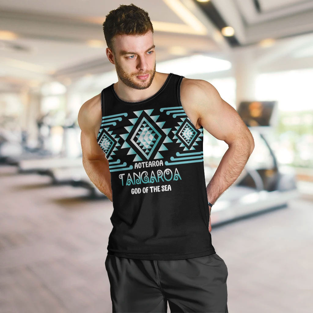 Aotearoa Atua Tangaroa Personalised Men Tank Top Maori God Of The Sea Taniko Motifs LT14 Turquoise - Polynesian Pride