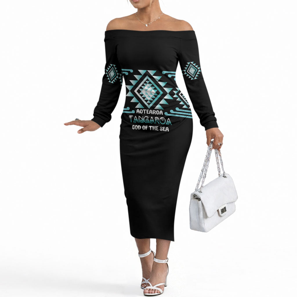 Aotearoa Atua Tangaroa Personalised Off The Shoulder Long Sleeve Dress Maori God Of The Sea Taniko Motifs LT14 Women Turquoise - Polynesian Pride