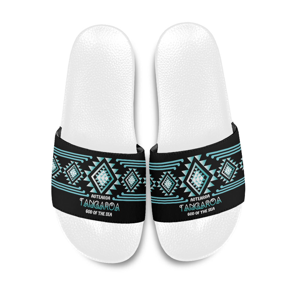 Aotearoa Atua Tangaroa Slide Sandals Maori God Of The Sea Taniko Motifs LT14 Turquoise - Polynesian Pride