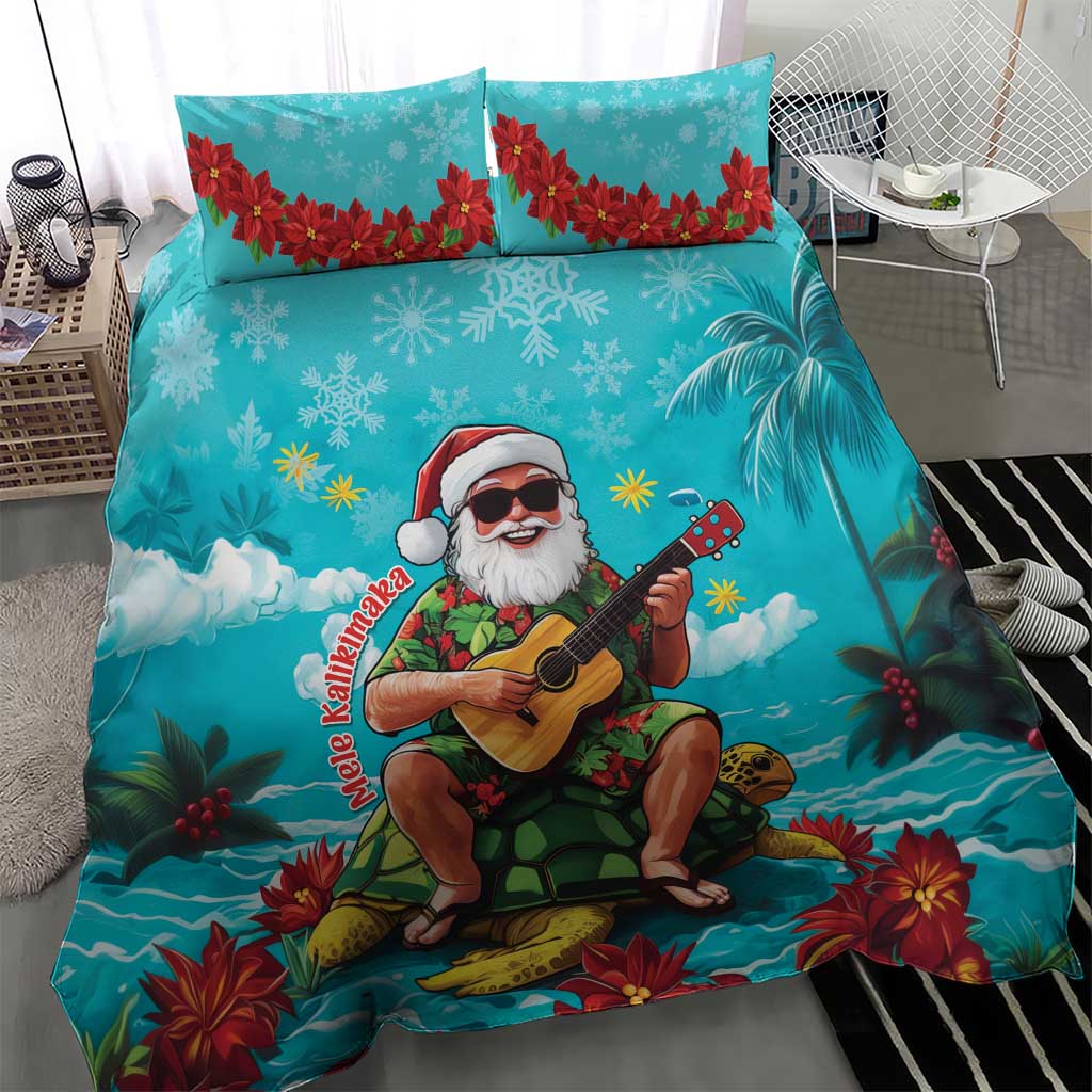 Hawaii Christmas Bedding Set Mele Kalikimaka Poinsettia Lei - Cyan