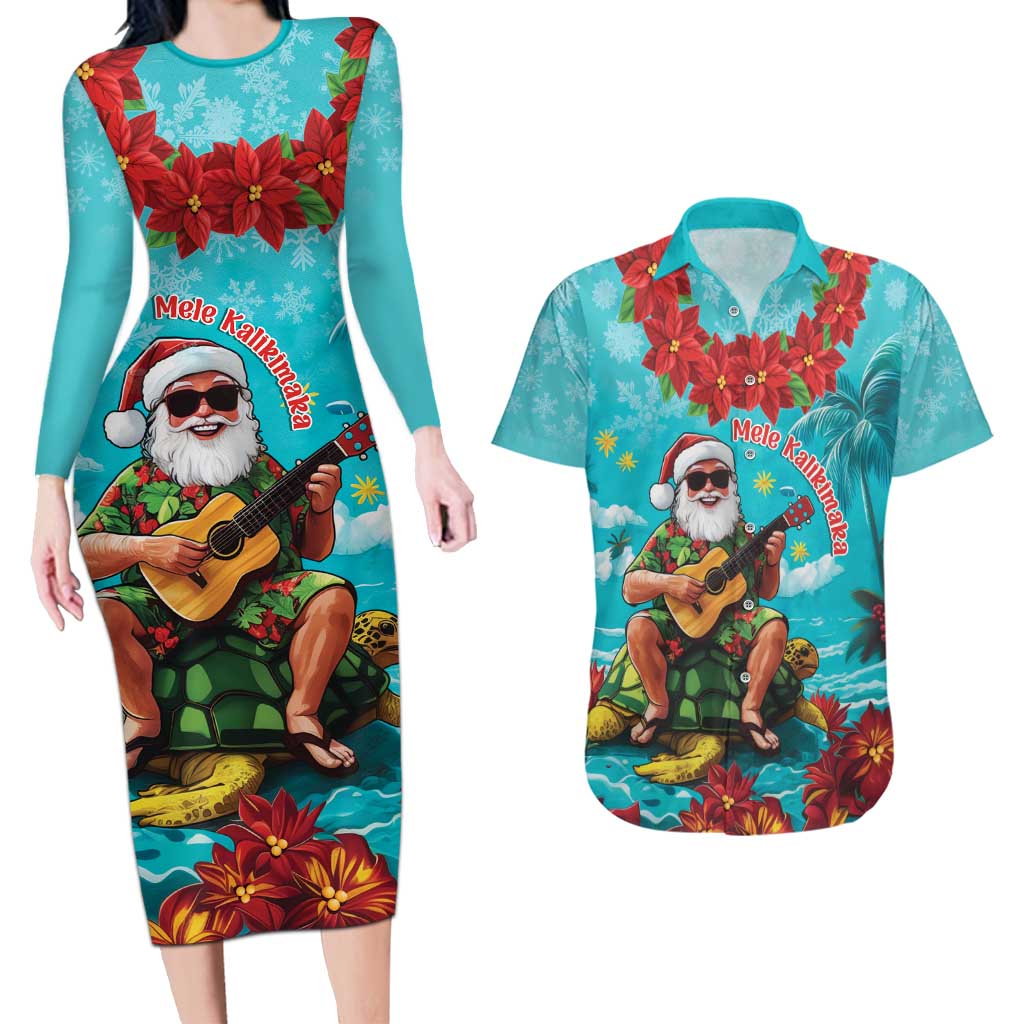Hawaii Christmas Couples Matching Long Sleeve Bodycon Dress and Hawaiian Shirt Mele Kalikimaka Poinsettia Lei - Cyan LT14 Cyan - Polynesian Pride