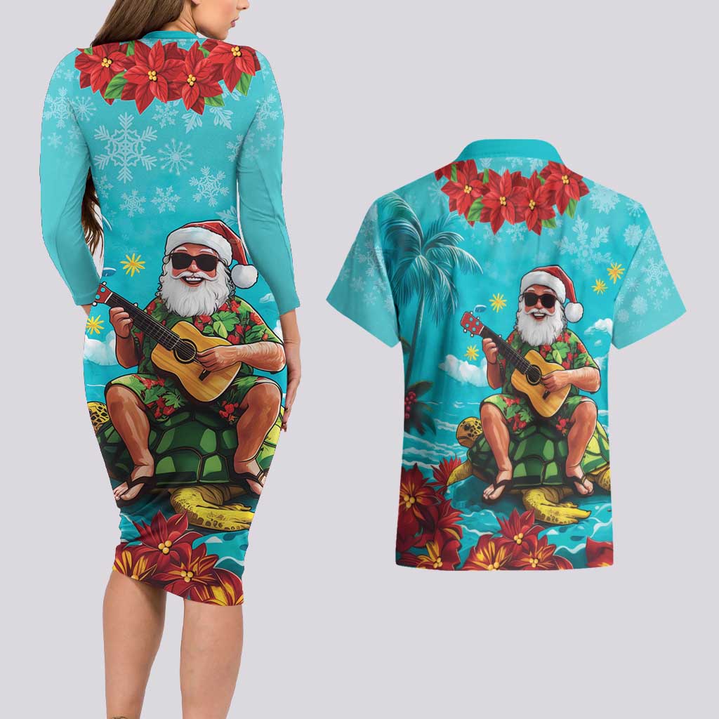 Hawaii Christmas Couples Matching Long Sleeve Bodycon Dress and Hawaiian Shirt Mele Kalikimaka Poinsettia Lei - Cyan LT14 - Polynesian Pride
