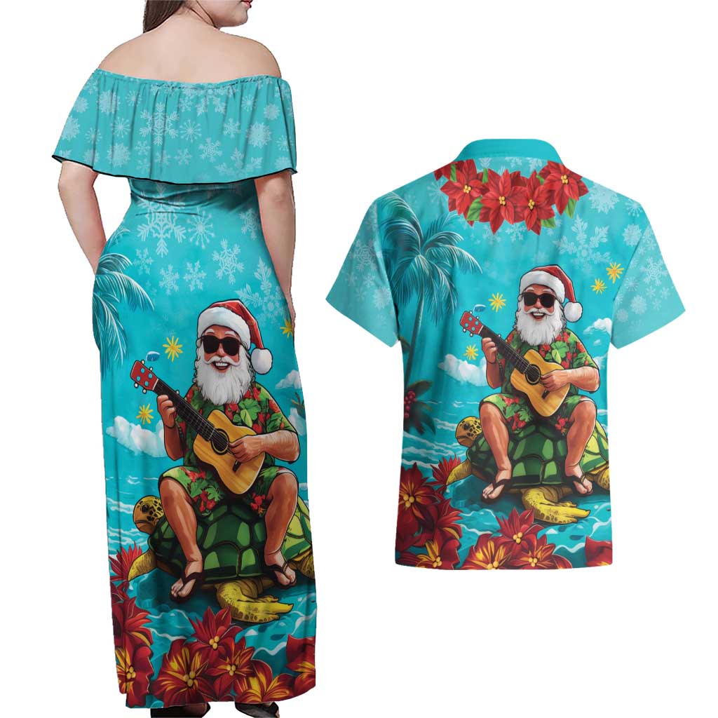 Hawaii Christmas Couples Matching Off Shoulder Maxi Dress and Hawaiian Shirt Mele Kalikimaka Poinsettia Lei - Cyan LT14 - Polynesian Pride