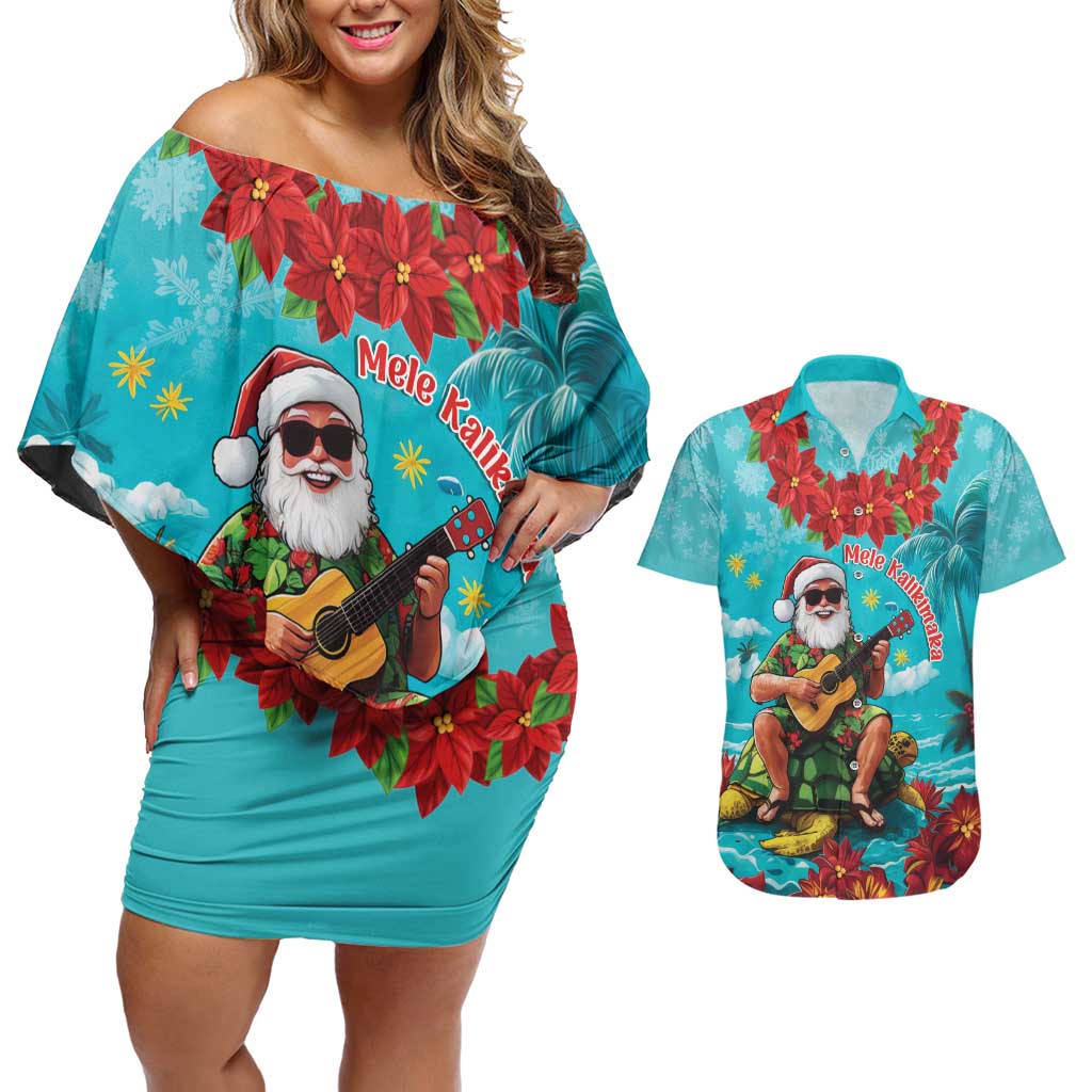 Hawaii Christmas Couples Matching Off Shoulder Short Dress and Hawaiian Shirt Mele Kalikimaka Poinsettia Lei - Cyan