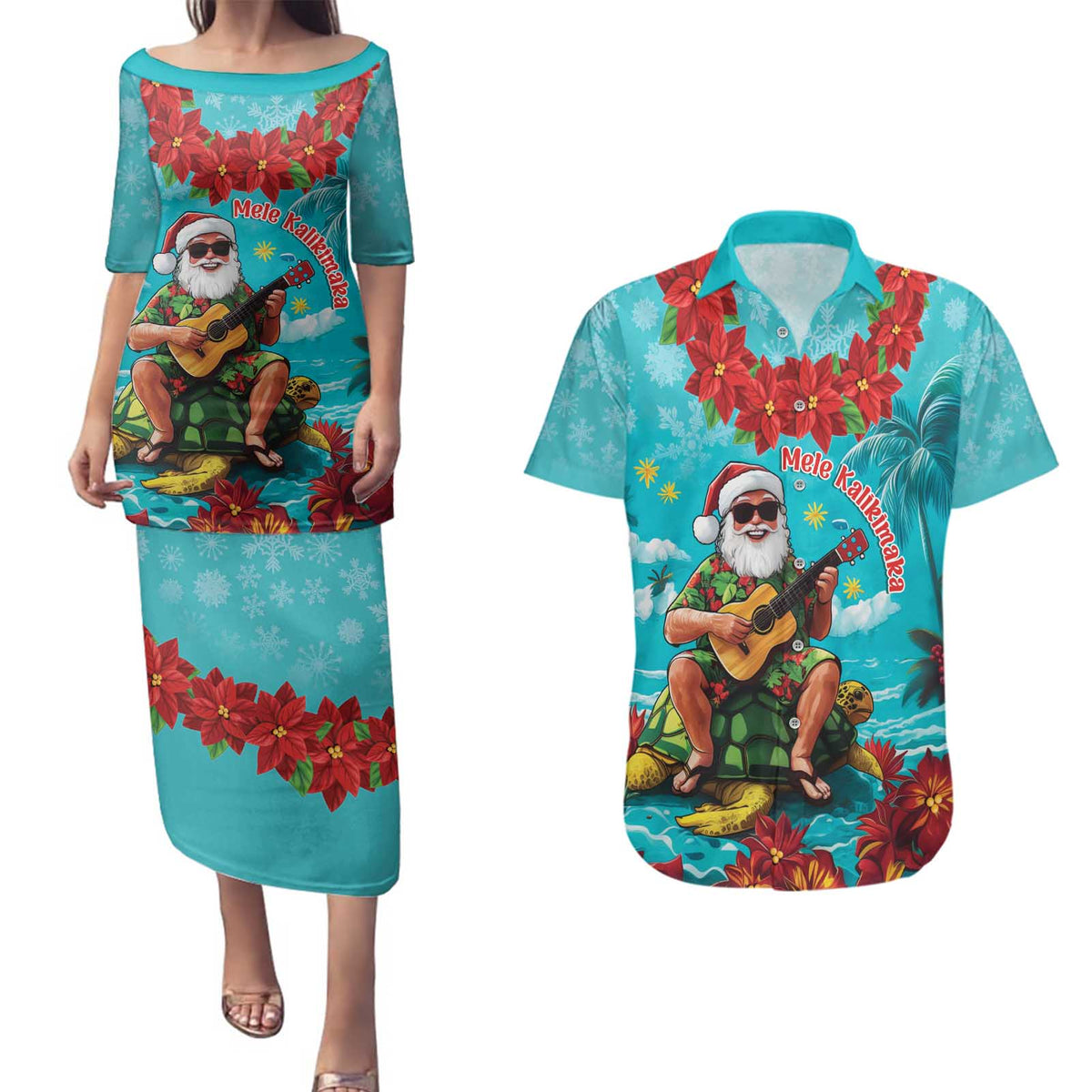 Hawaii Christmas Couples Matching Puletasi and Hawaiian Shirt Mele Kalikimaka Poinsettia Lei - Cyan