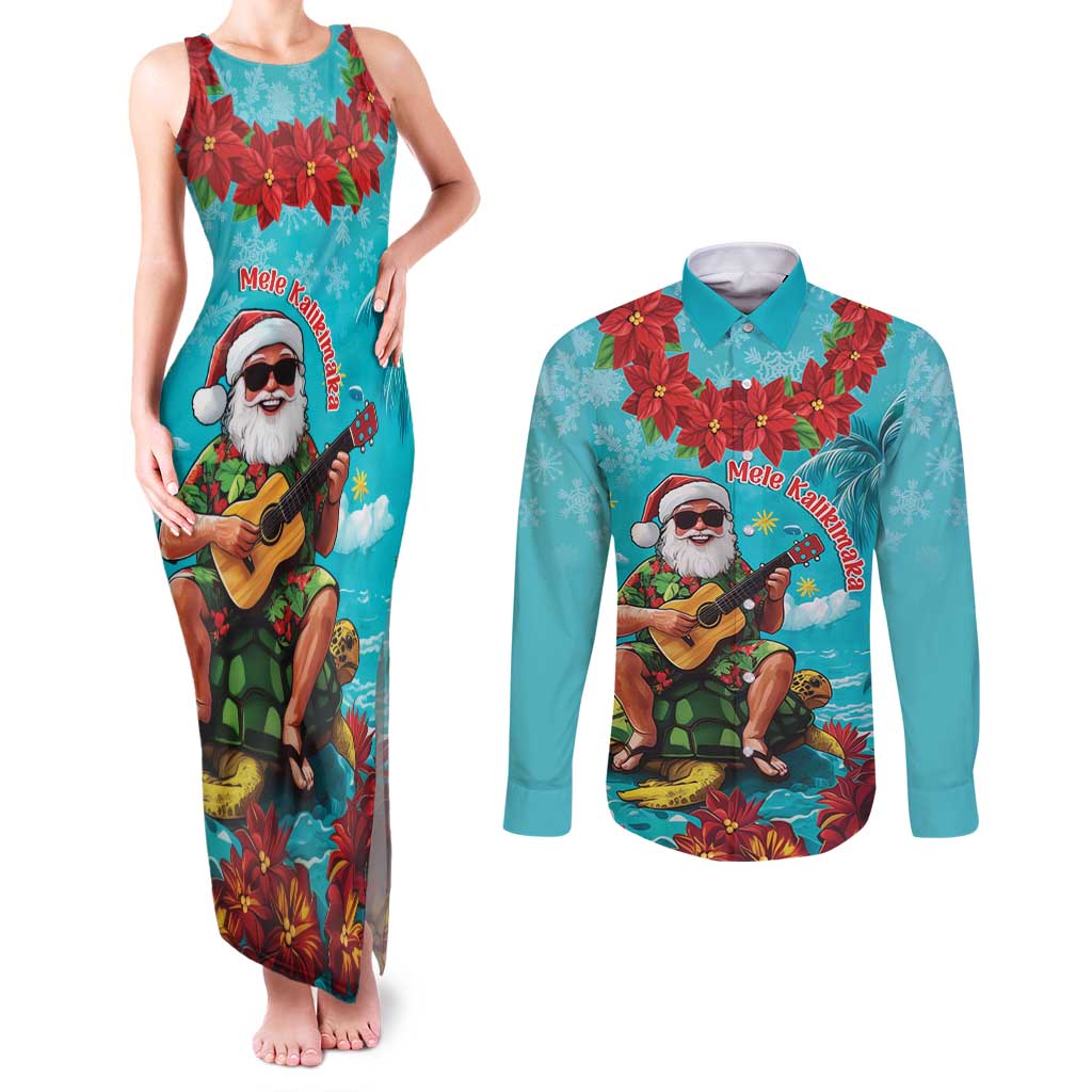 Hawaii Christmas Couples Matching Tank Maxi Dress and Long Sleeve Button Shirt Mele Kalikimaka Poinsettia Lei - Cyan