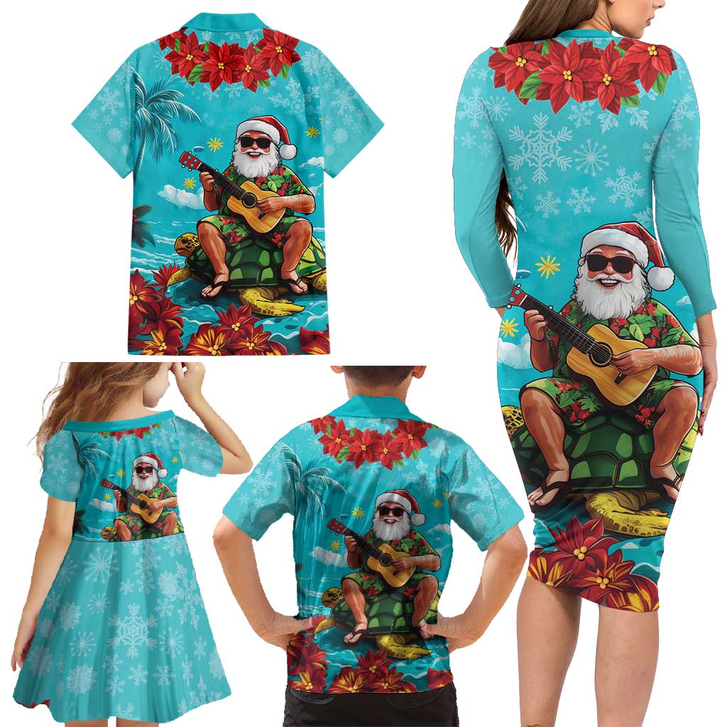 Hawaii Christmas Family Matching Long Sleeve Bodycon Dress and Hawaiian Shirt Mele Kalikimaka Poinsettia Lei - Cyan LT14 - Polynesian Pride