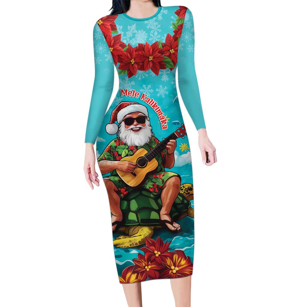 Hawaii Christmas Family Matching Long Sleeve Bodycon Dress and Hawaiian Shirt Mele Kalikimaka Poinsettia Lei - Cyan LT14 Mom's Dress Cyan - Polynesian Pride