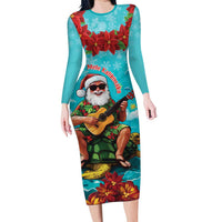 Hawaii Christmas Family Matching Long Sleeve Bodycon Dress and Hawaiian Shirt Mele Kalikimaka Poinsettia Lei - Cyan LT14 Mom's Dress Cyan - Polynesian Pride