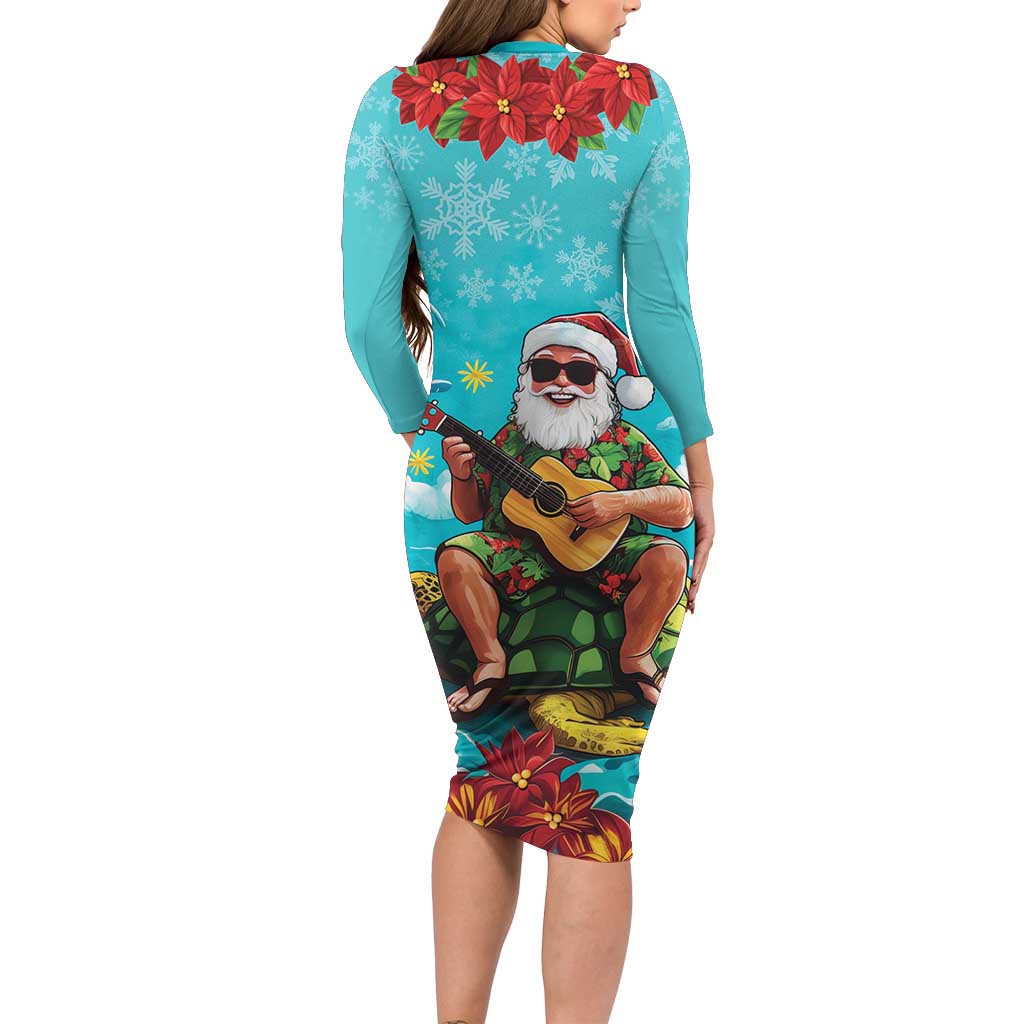 Hawaii Christmas Family Matching Long Sleeve Bodycon Dress and Hawaiian Shirt Mele Kalikimaka Poinsettia Lei - Cyan LT14 - Polynesian Pride
