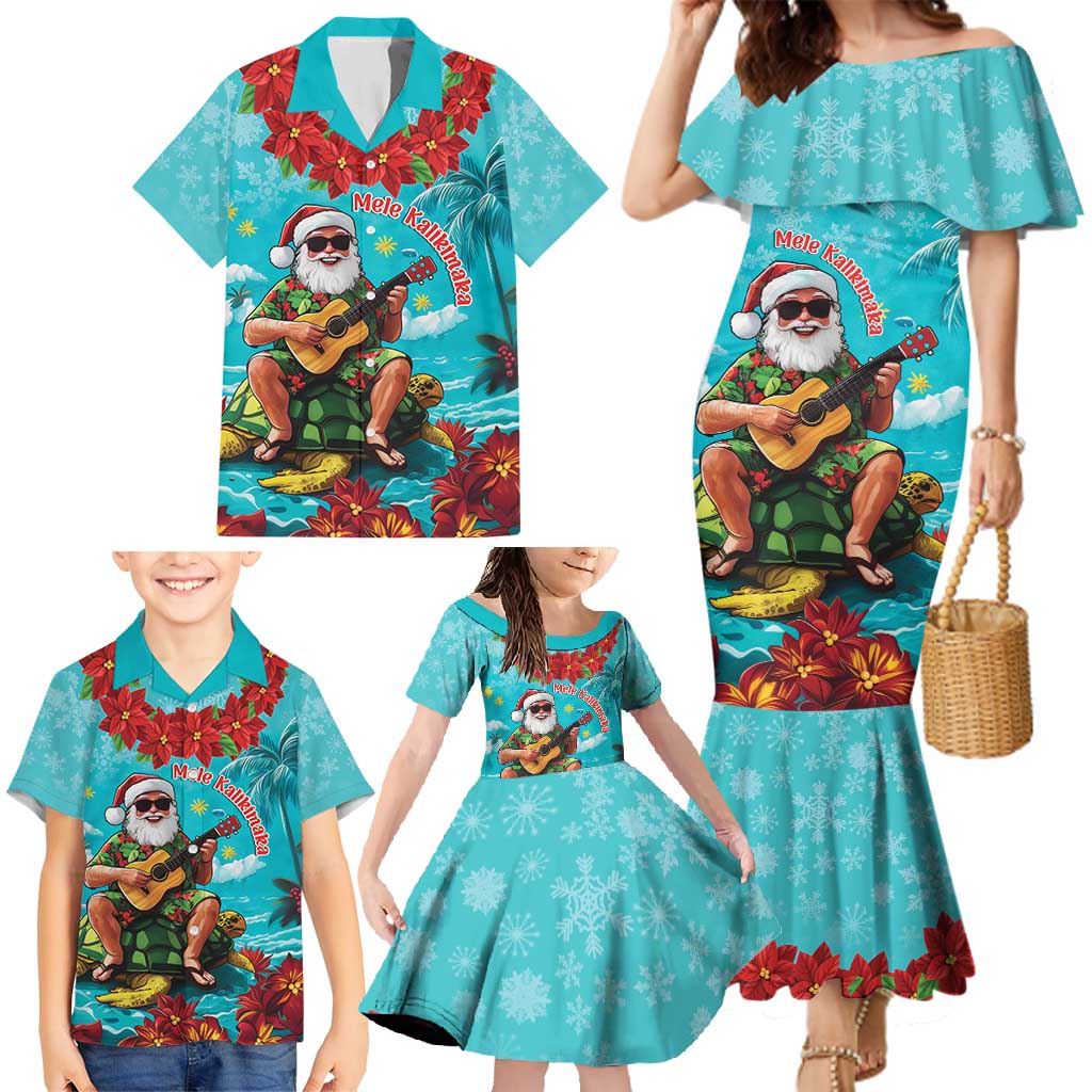 Hawaii Christmas Family Matching Mermaid Dress and Hawaiian Shirt Mele Kalikimaka Poinsettia Lei - Cyan LT14 - Polynesian Pride