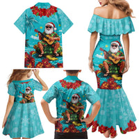 Hawaii Christmas Family Matching Mermaid Dress and Hawaiian Shirt Mele Kalikimaka Poinsettia Lei - Cyan LT14 - Polynesian Pride