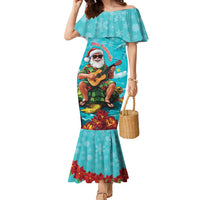 Hawaii Christmas Family Matching Mermaid Dress and Hawaiian Shirt Mele Kalikimaka Poinsettia Lei - Cyan LT14 Mom's Dress Cyan - Polynesian Pride