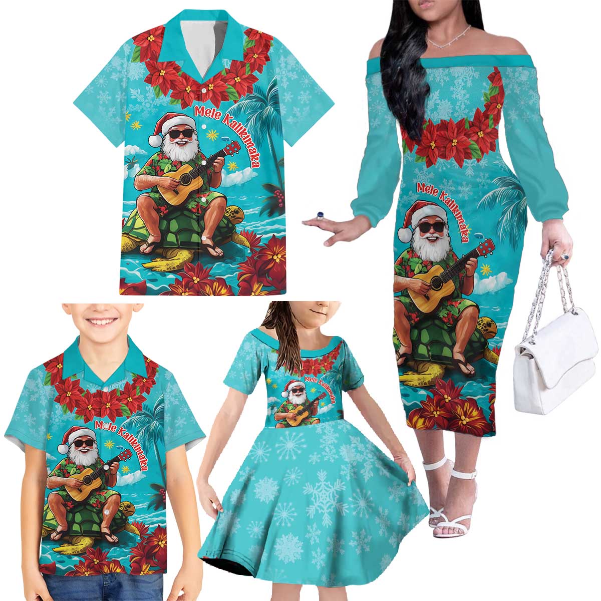 Hawaii Christmas Family Matching Off The Shoulder Long Sleeve Dress and Hawaiian Shirt Mele Kalikimaka Poinsettia Lei - Cyan LT14 - Polynesian Pride