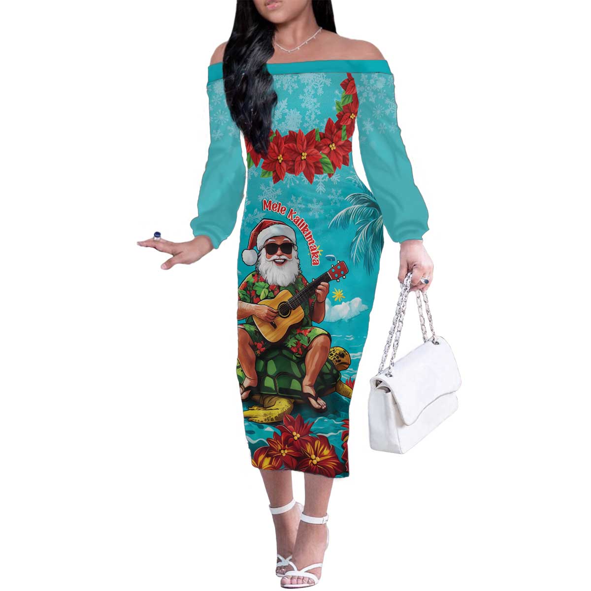 Hawaii Christmas Family Matching Off The Shoulder Long Sleeve Dress and Hawaiian Shirt Mele Kalikimaka Poinsettia Lei - Cyan LT14 Mom's Dress Cyan - Polynesian Pride