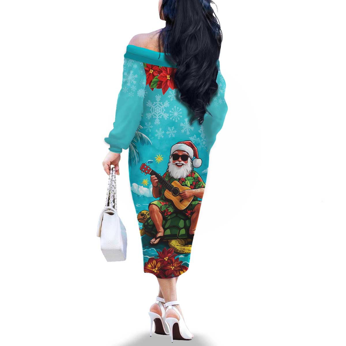 Hawaii Christmas Family Matching Off The Shoulder Long Sleeve Dress and Hawaiian Shirt Mele Kalikimaka Poinsettia Lei - Cyan LT14 - Polynesian Pride