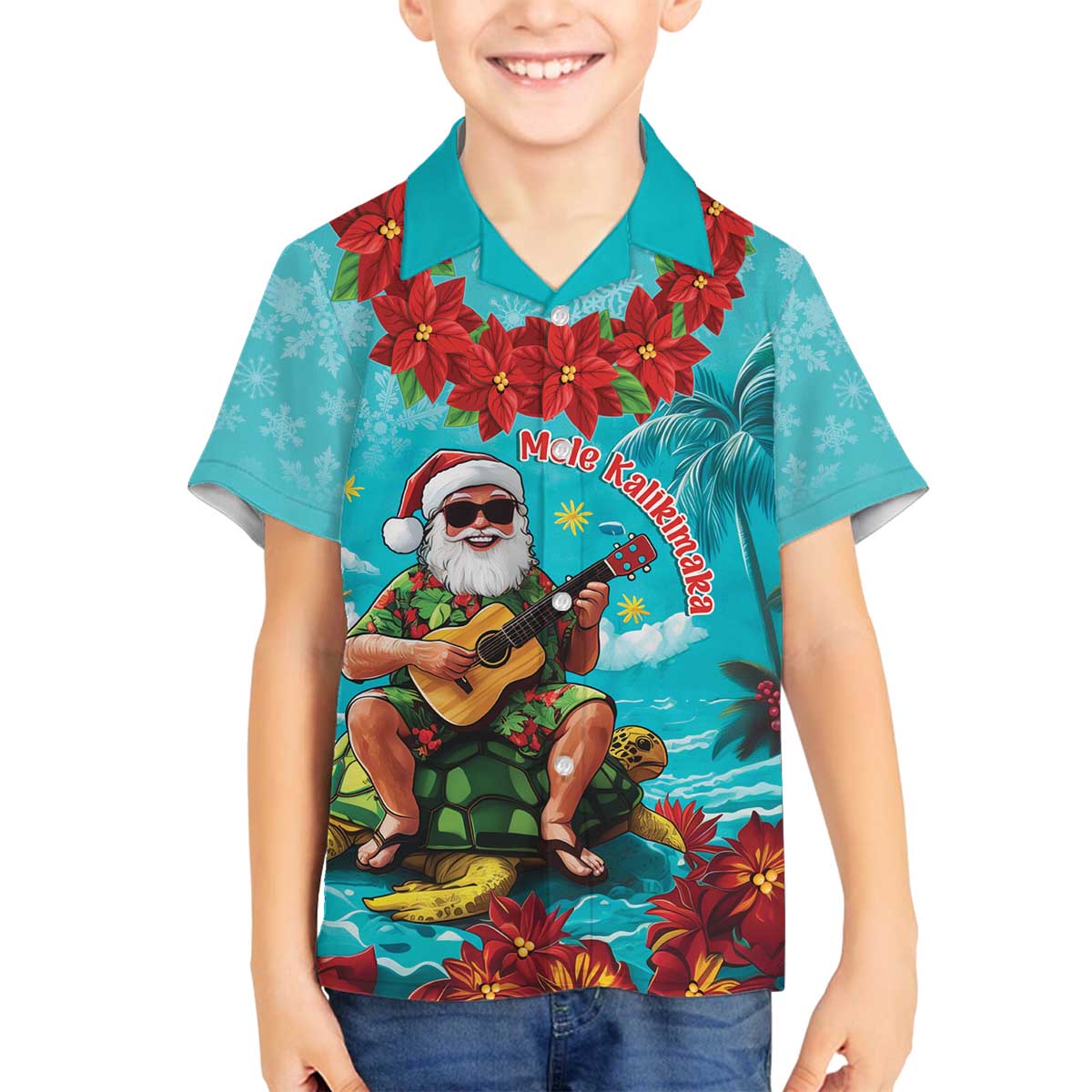 Hawaii Christmas Family Matching Off The Shoulder Long Sleeve Dress and Hawaiian Shirt Mele Kalikimaka Poinsettia Lei - Cyan LT14 Son's Shirt Cyan - Polynesian Pride