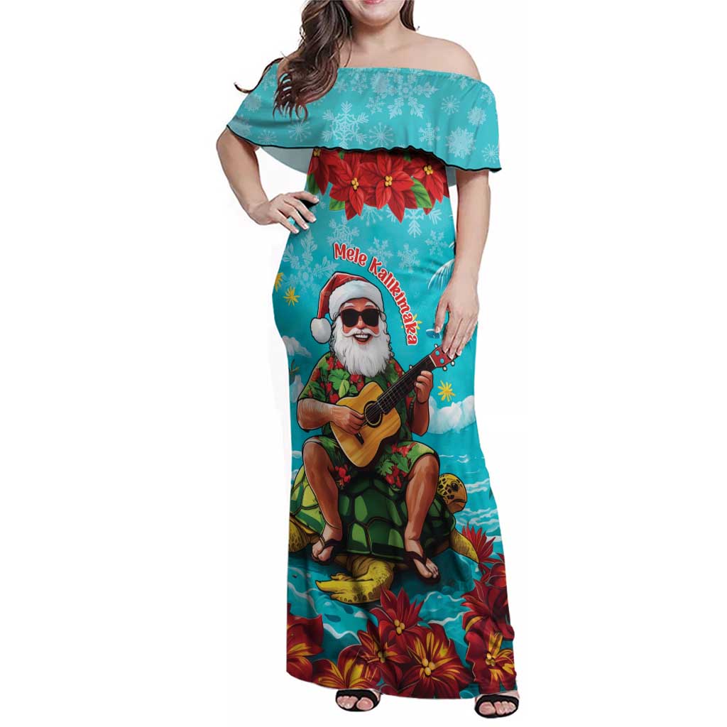 Hawaii Christmas Family Matching Off Shoulder Maxi Dress and Hawaiian Shirt Mele Kalikimaka Poinsettia Lei - Cyan LT14 Mom's Dress Cyan - Polynesian Pride