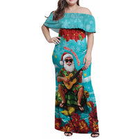 Hawaii Christmas Family Matching Off Shoulder Maxi Dress and Hawaiian Shirt Mele Kalikimaka Poinsettia Lei - Cyan LT14 Mom's Dress Cyan - Polynesian Pride