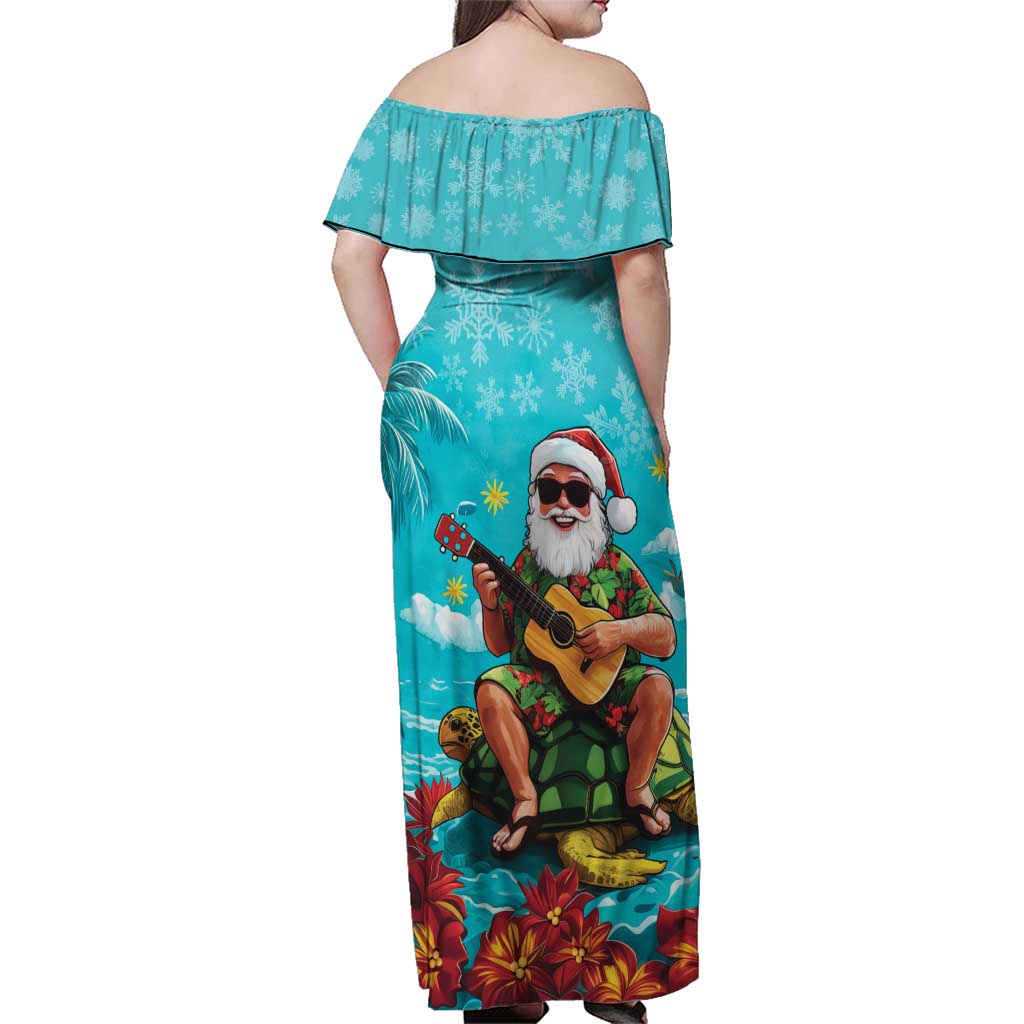 Hawaii Christmas Family Matching Off Shoulder Maxi Dress and Hawaiian Shirt Mele Kalikimaka Poinsettia Lei - Cyan LT14 - Polynesian Pride