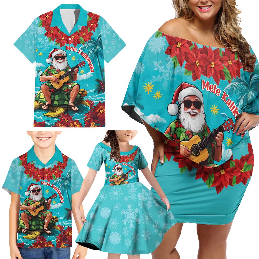 Hawaii Christmas Family Matching Off Shoulder Short Dress and Hawaiian Shirt Mele Kalikimaka Poinsettia Lei - Cyan LT14 - Polynesian Pride