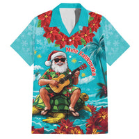 Hawaii Christmas Family Matching Off Shoulder Short Dress and Hawaiian Shirt Mele Kalikimaka Poinsettia Lei - Cyan LT14 Dad's Shirt - Short Sleeve Cyan - Polynesian Pride