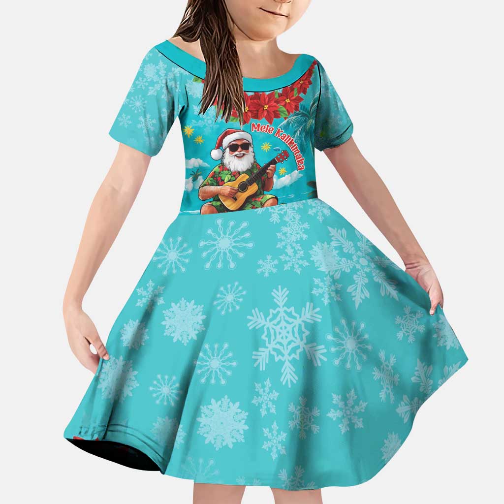 Hawaii Christmas Family Matching Puletasi and Hawaiian Shirt Mele Kalikimaka Poinsettia Lei - Cyan LT14 Daughter's Dress Cyan - Polynesian Pride