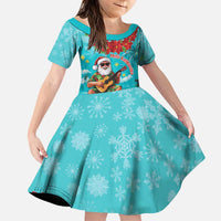 Hawaii Christmas Family Matching Puletasi and Hawaiian Shirt Mele Kalikimaka Poinsettia Lei - Cyan LT14 Daughter's Dress Cyan - Polynesian Pride