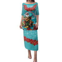 Hawaii Christmas Family Matching Puletasi and Hawaiian Shirt Mele Kalikimaka Poinsettia Lei - Cyan LT14 Mom's Dress Cyan - Polynesian Pride