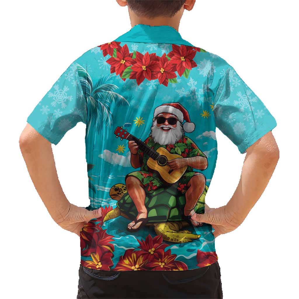 Hawaii Christmas Family Matching Short Sleeve Bodycon Dress and Hawaiian Shirt Mele Kalikimaka Poinsettia Lei - Cyan LT14 - Polynesian Pride