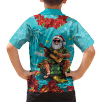 Hawaii Christmas Family Matching Short Sleeve Bodycon Dress and Hawaiian Shirt Mele Kalikimaka Poinsettia Lei - Cyan LT14 - Polynesian Pride