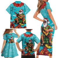 Hawaii Christmas Family Matching Short Sleeve Bodycon Dress and Hawaiian Shirt Mele Kalikimaka Poinsettia Lei - Cyan LT14 - Polynesian Pride