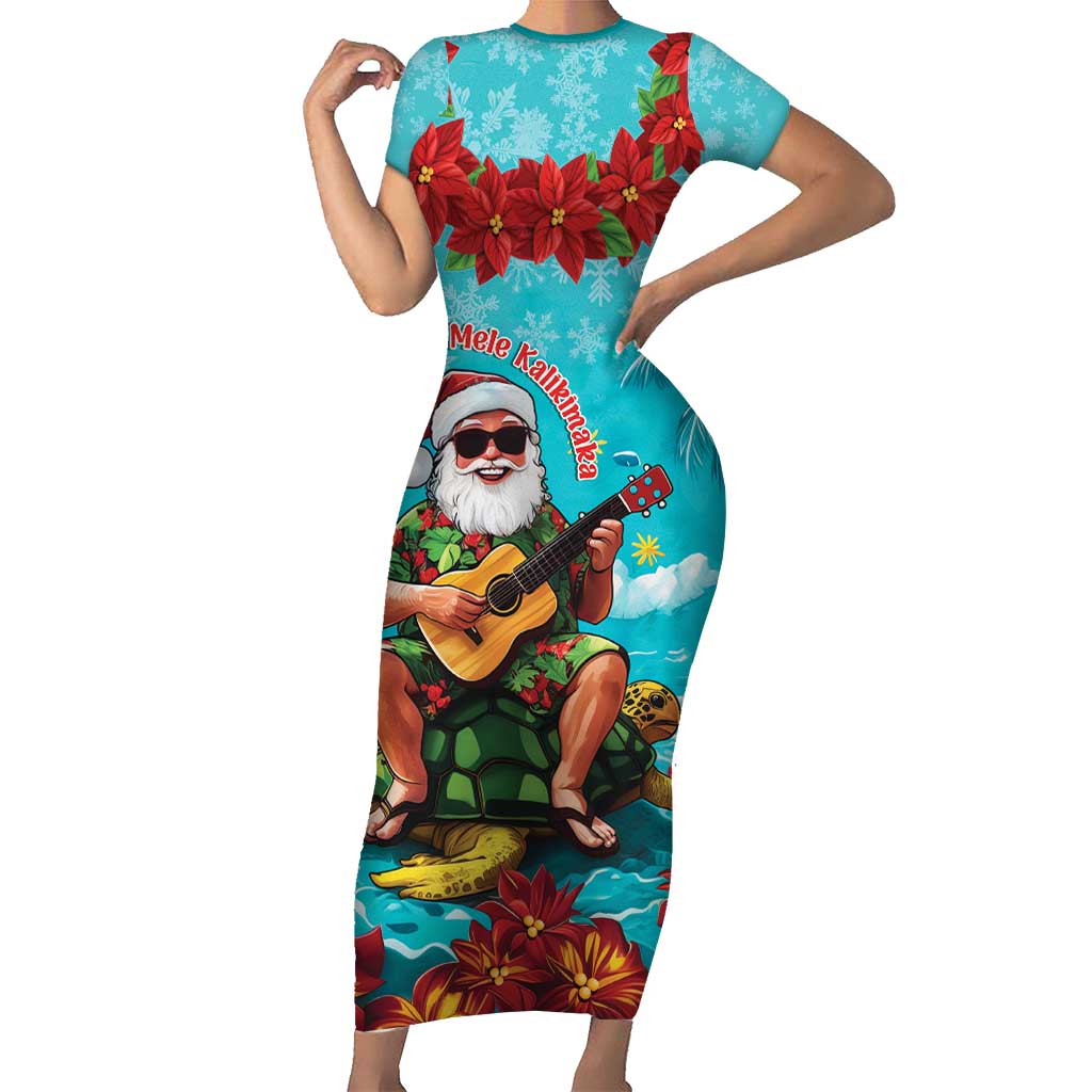 Hawaii Christmas Family Matching Short Sleeve Bodycon Dress and Hawaiian Shirt Mele Kalikimaka Poinsettia Lei - Cyan LT14 Mom's Dress Cyan - Polynesian Pride
