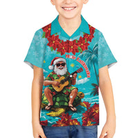 Hawaii Christmas Family Matching Summer Maxi Dress and Hawaiian Shirt Mele Kalikimaka Poinsettia Lei - Cyan LT14 Son's Shirt Cyan - Polynesian Pride