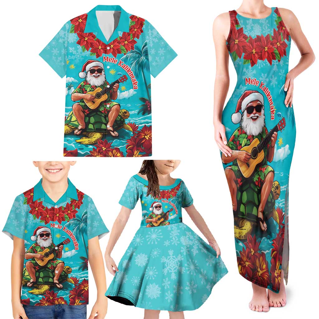 Hawaii Christmas Family Matching Tank Maxi Dress and Hawaiian Shirt Mele Kalikimaka Poinsettia Lei - Cyan LT14 - Polynesian Pride