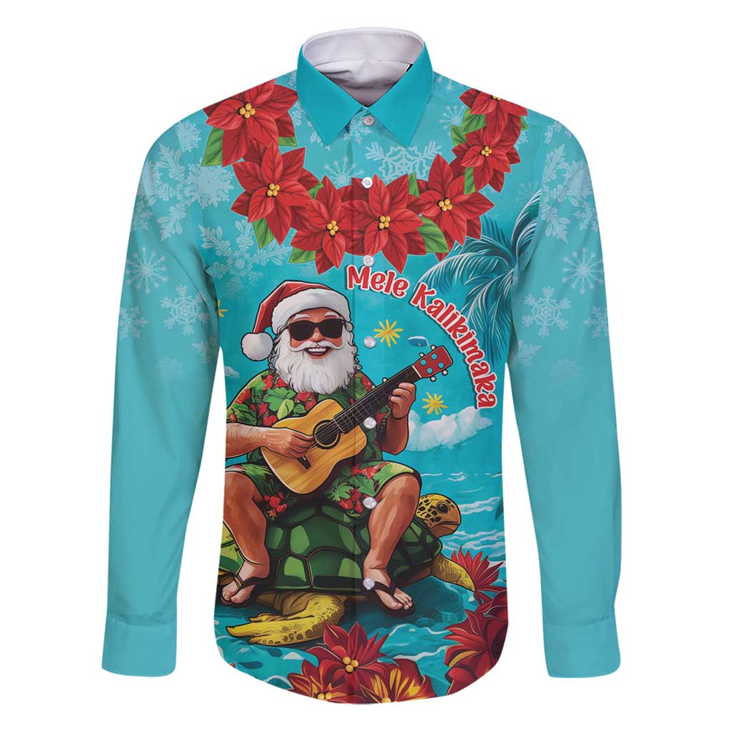 Hawaii Christmas Family Matching Tank Maxi Dress and Hawaiian Shirt Mele Kalikimaka Poinsettia Lei - Cyan LT14 Dad's Shirt - Long Sleeve Cyan - Polynesian Pride