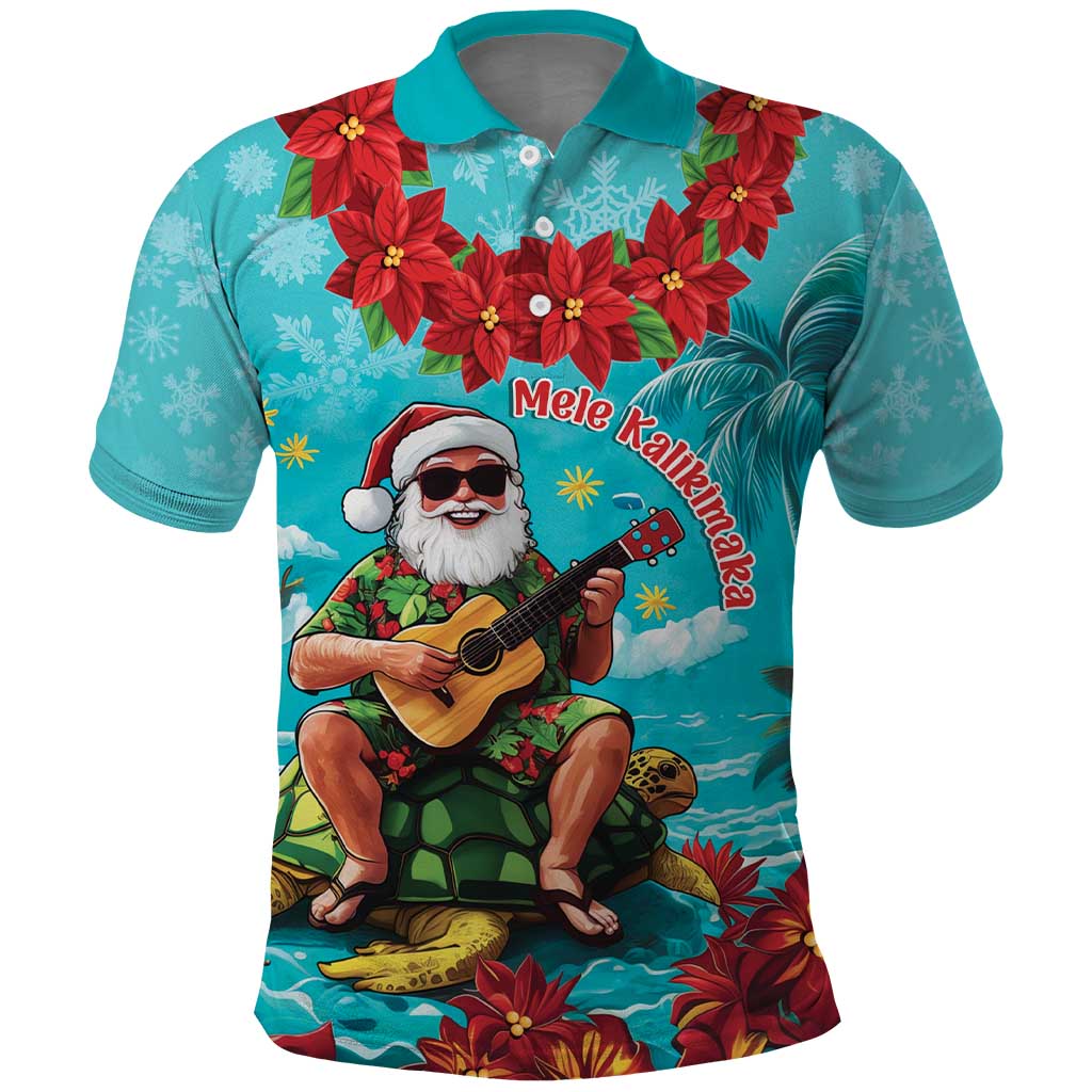 Hawaii Christmas Polo Shirt Mele Kalikimaka Poinsettia Lei - Cyan LT14 Cyan - Polynesian Pride