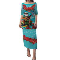 Hawaii Christmas Puletasi Mele Kalikimaka Poinsettia Lei - Cyan