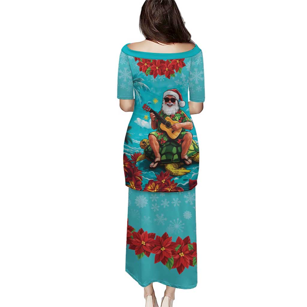 Hawaii Christmas Puletasi Mele Kalikimaka Poinsettia Lei - Cyan