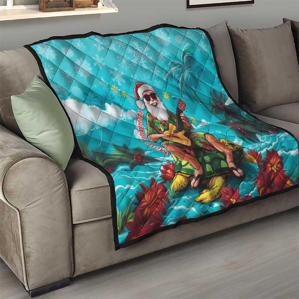 Hawaii Christmas Quilt Mele Kalikimaka Poinsettia Lei - Cyan