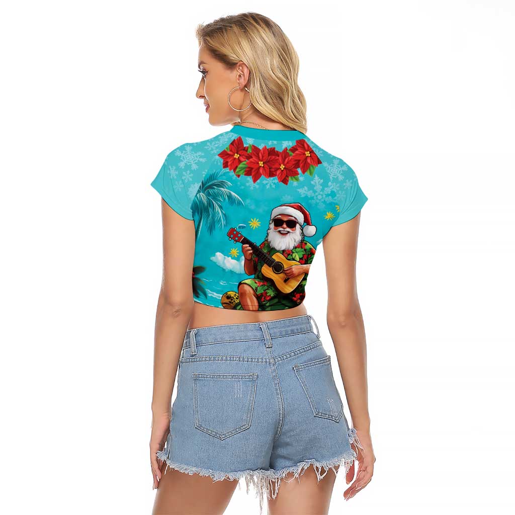 Hawaii Christmas Raglan Cropped T Shirt Mele Kalikimaka Poinsettia Lei - Cyan