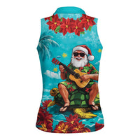 Hawaii Christmas Women Sleeveless Polo Shirt Mele Kalikimaka Poinsettia Lei - Cyan LT14 - Polynesian Pride