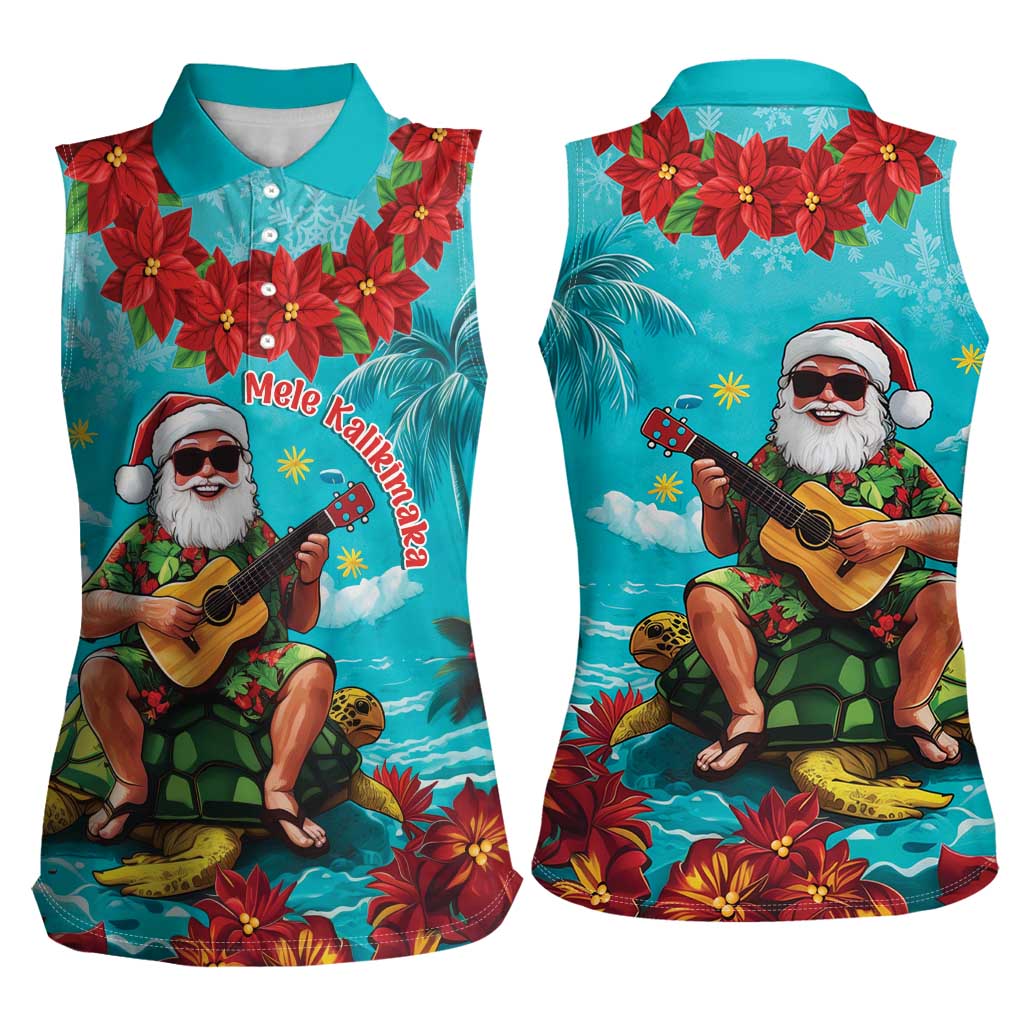 Hawaii Christmas Women Sleeveless Polo Shirt Mele Kalikimaka Poinsettia Lei - Cyan LT14 - Polynesian Pride