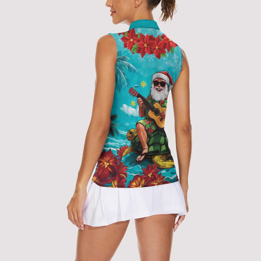 Hawaii Christmas Women Sleeveless Polo Shirt Mele Kalikimaka Poinsettia Lei - Cyan LT14 - Polynesian Pride