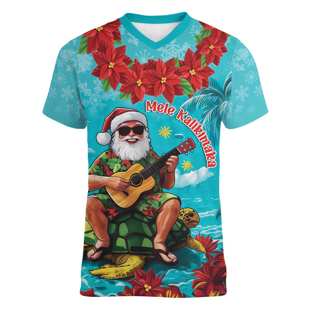 Hawaii Christmas Women V-Neck T-Shirt Mele Kalikimaka Poinsettia Lei - Cyan