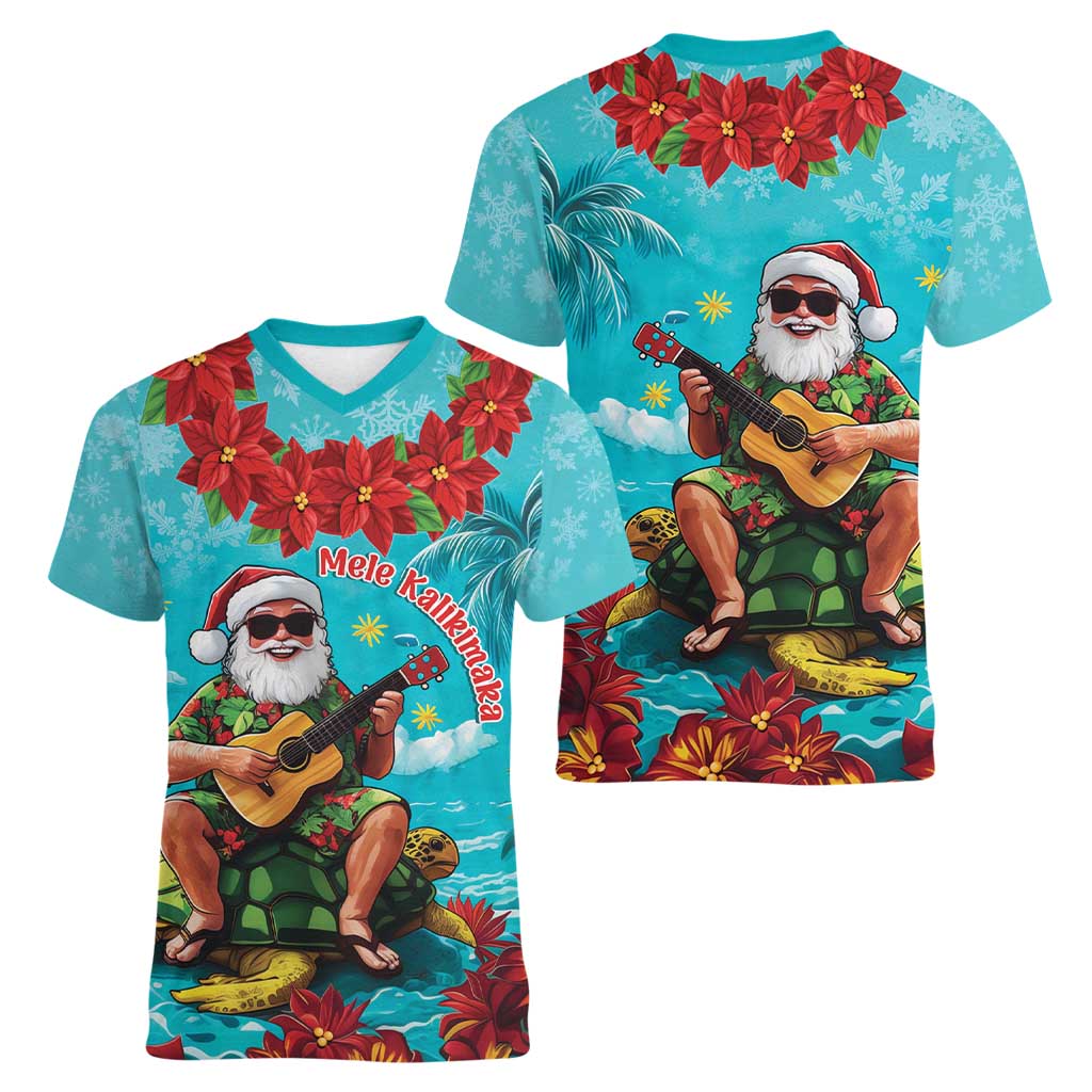 Hawaii Christmas Women V-Neck T-Shirt Mele Kalikimaka Poinsettia Lei - Cyan