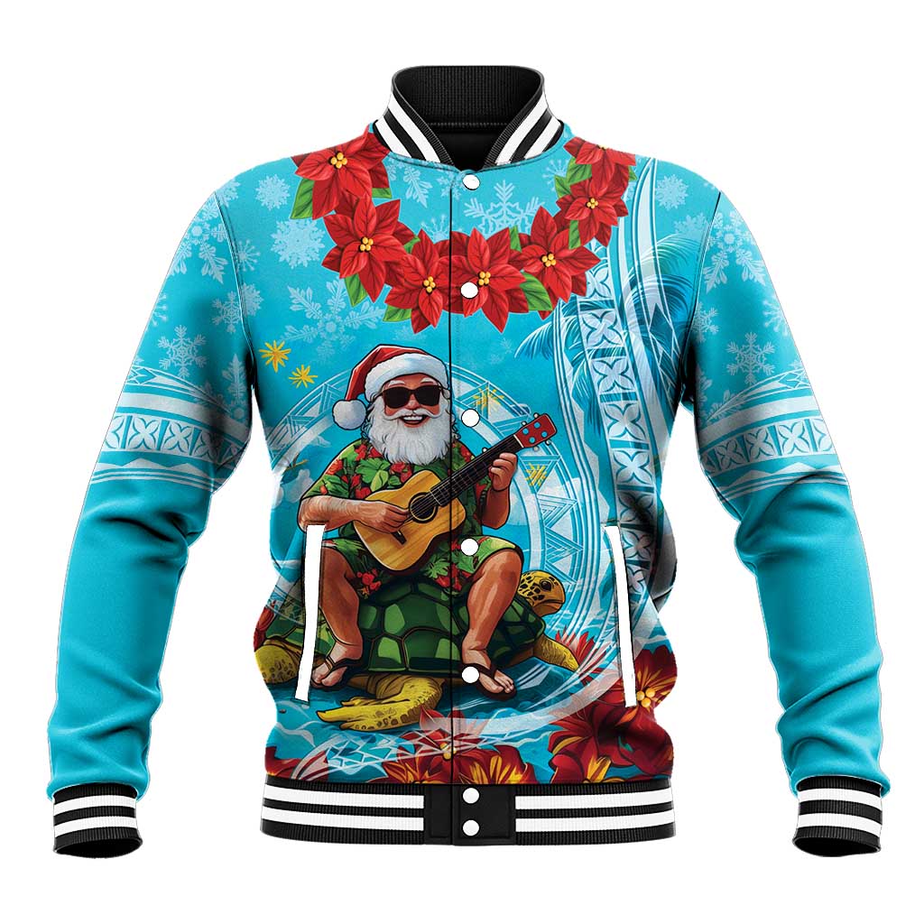 Hawaii Christmas Baseball Jacket Mele Kalikimaka Poinsettia Lei Polynesian - Blue